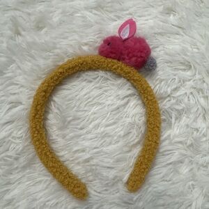 Fuzzy Mustard Yellow lil girl Headband with Pink Bunny Accent